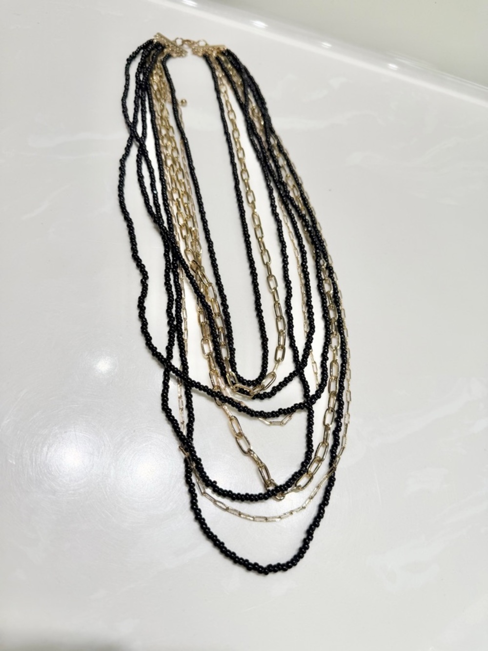 Black Bead and Gold Paperclip Statement Necklace